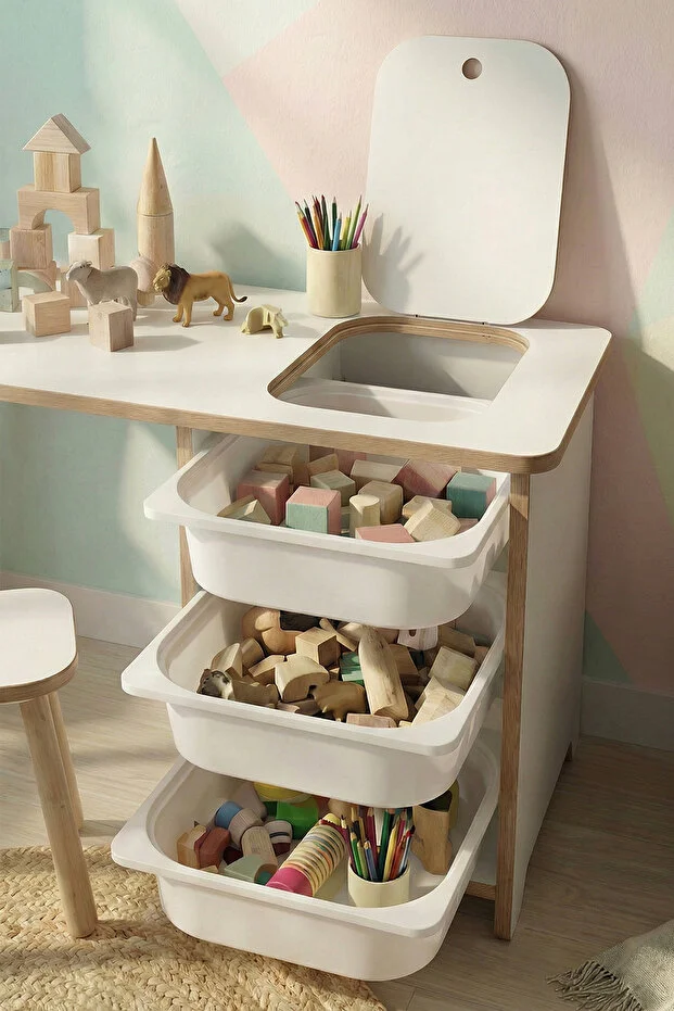 Çocuk Çalışma Masası Oyun Masası Etkinlik Masası Aktivite Masası Seti 1 Masa + 1 Tabure Beyaz